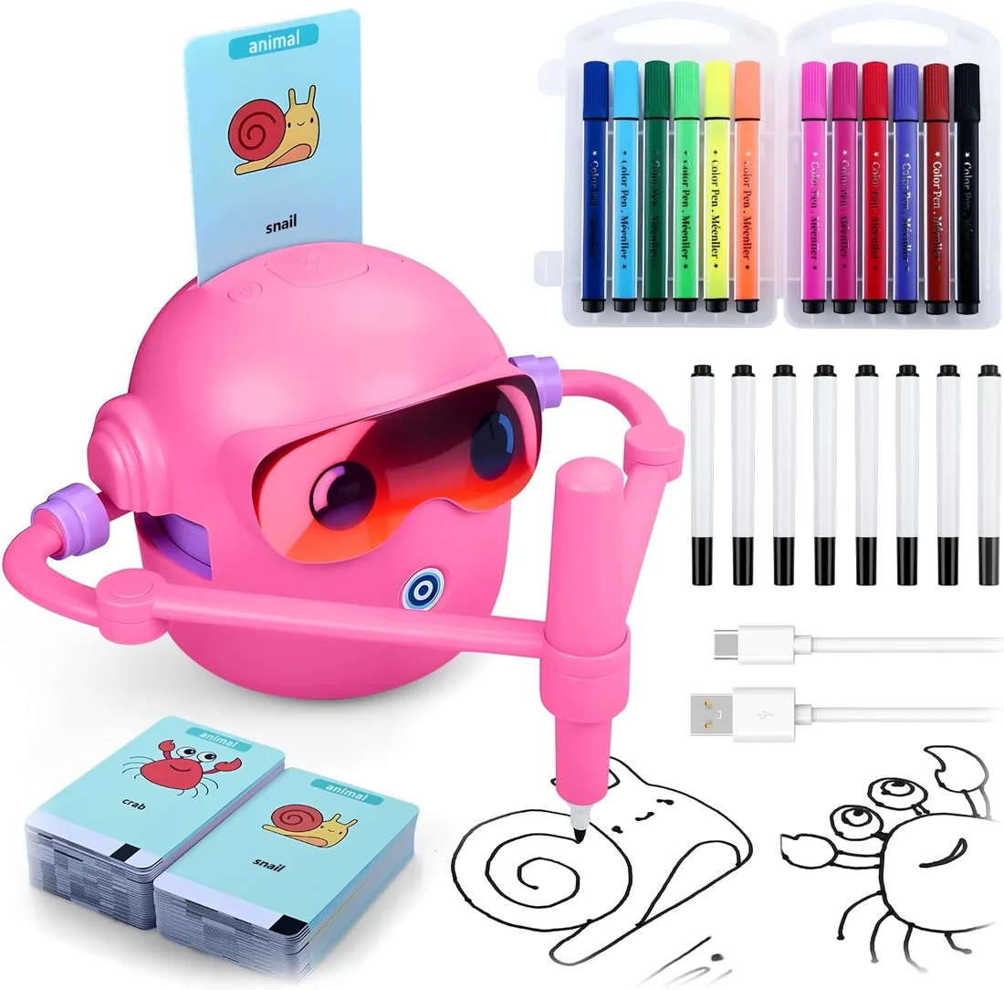 MMOBIEL Robot de Dibujo para Niños Juguete Educativo Interactivo con 100 Tarjetas, 12 Rotuladores de Colores, Guía por Voz y Batería USB-C – Regalo Creativo para 3-9 Años – Rosa