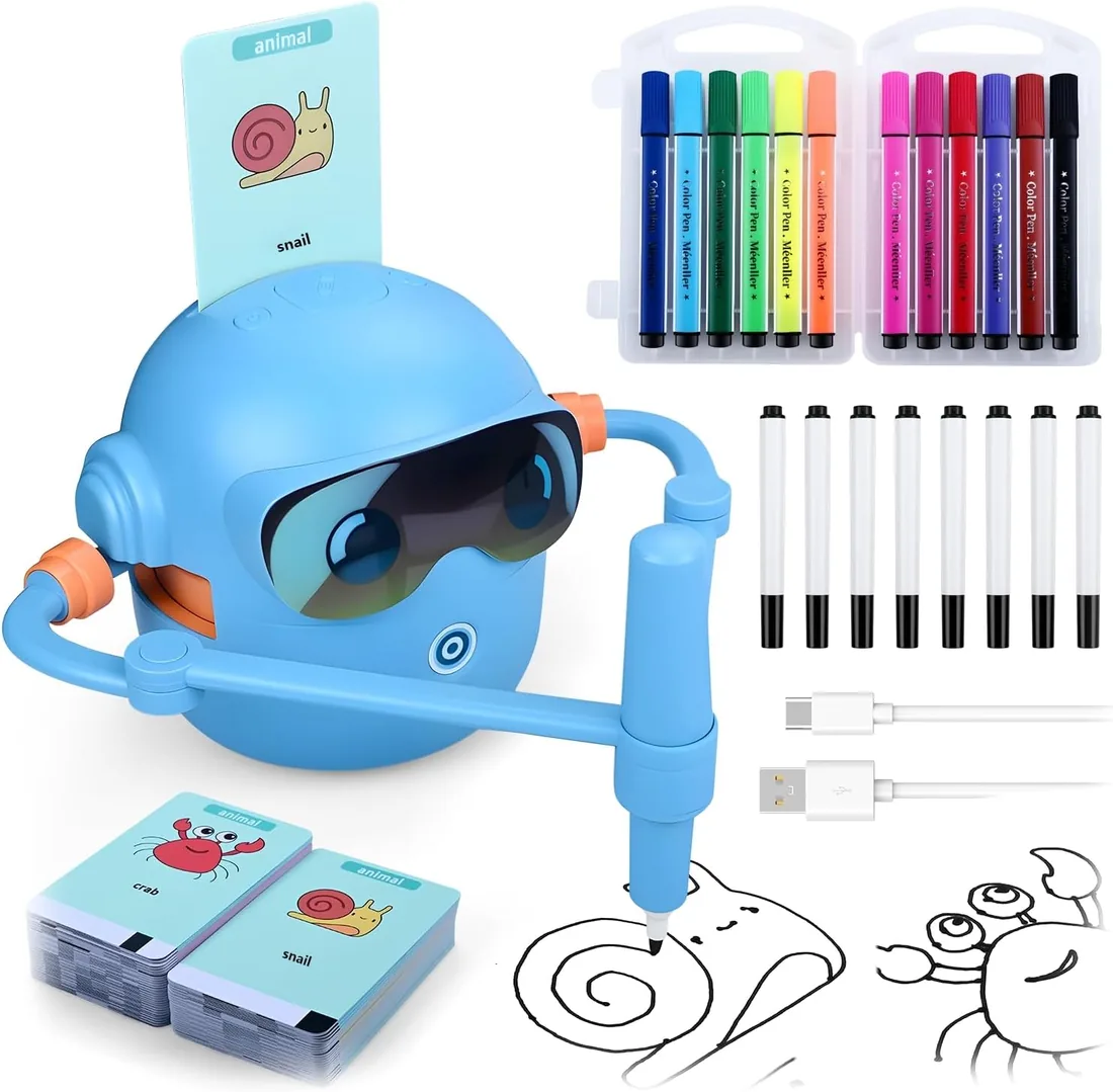 MMOBIEL Robot de Dibujo para Niños Juguete Educativo Interactivo con 100 Tarjetas, 12 Rotuladores de Colores, Guía por Voz y Batería USB-C – Regalo Creativo para 3-9 Años - Azul foto 3