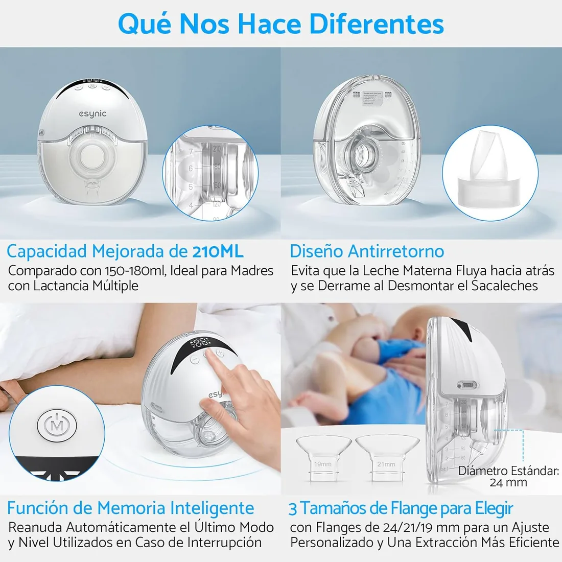 eSynic Sacaleches Eléctrico Manos Libres con 4 Modos y 12 Niveles Extractor de Leche Materna de 210ml Menos Ruido con Bridas de 24/21/19 mm a Prueba de Fugas Extractor de Leche Inalámbrico Sin BPA foto 3