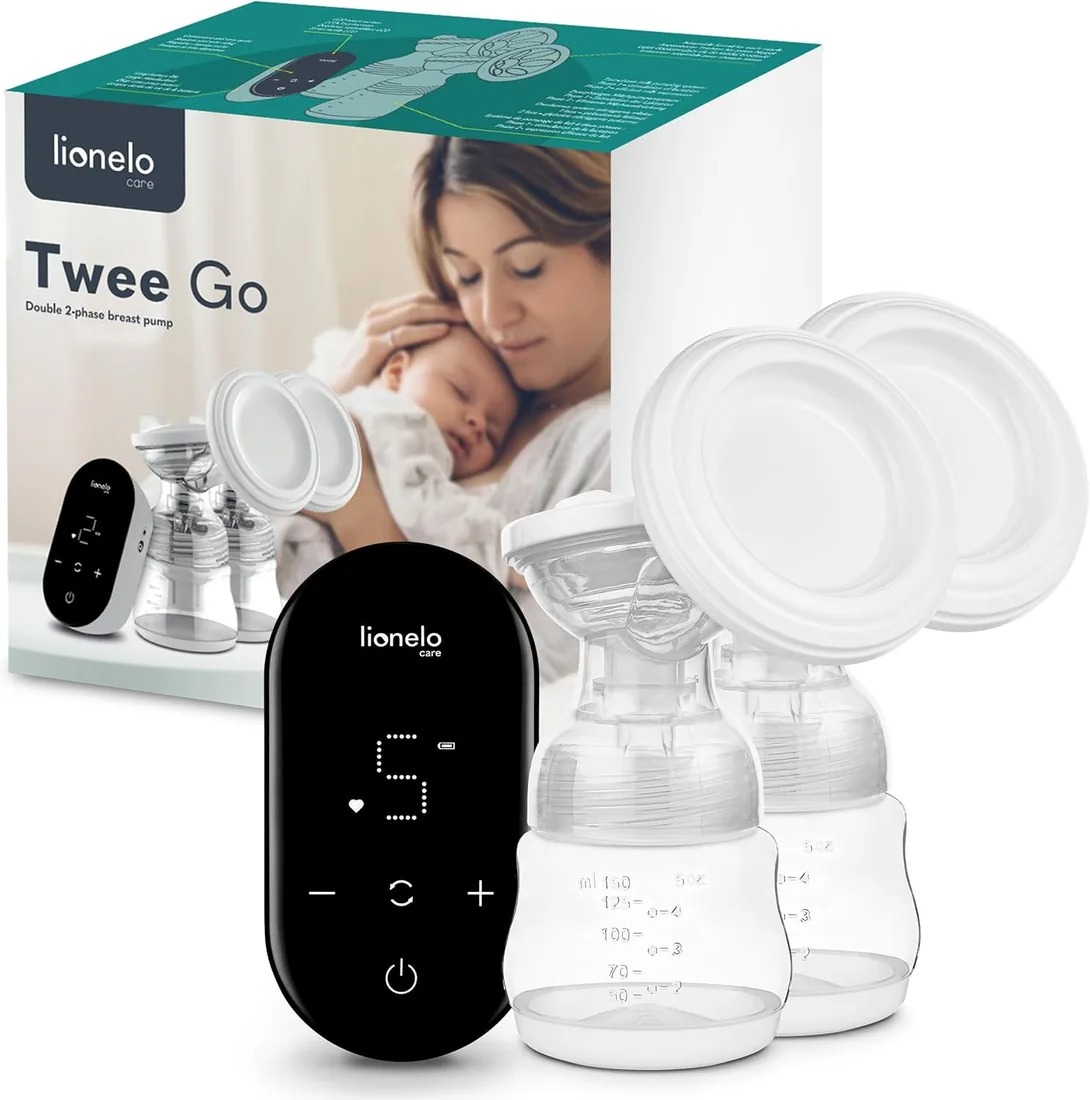 LIONELO Twee Go sacaleches eléctrico doble con tecnología de succión de dos fases, portátil y compacto, 9 niveles de succión, 5 niveles de masaje, funcionamiento muy silencioso, pantalla LED