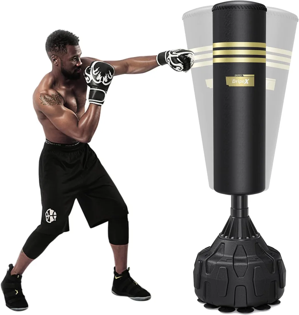 Dripex Saco de Boxeo de Pie para Adultos, Fitness Boxeo Saco de Arena, Base ABS con Fuertes Ventosas, Resortes Amortiguador, Rellenable de Arena 80kg /Agua 60kg Aprox