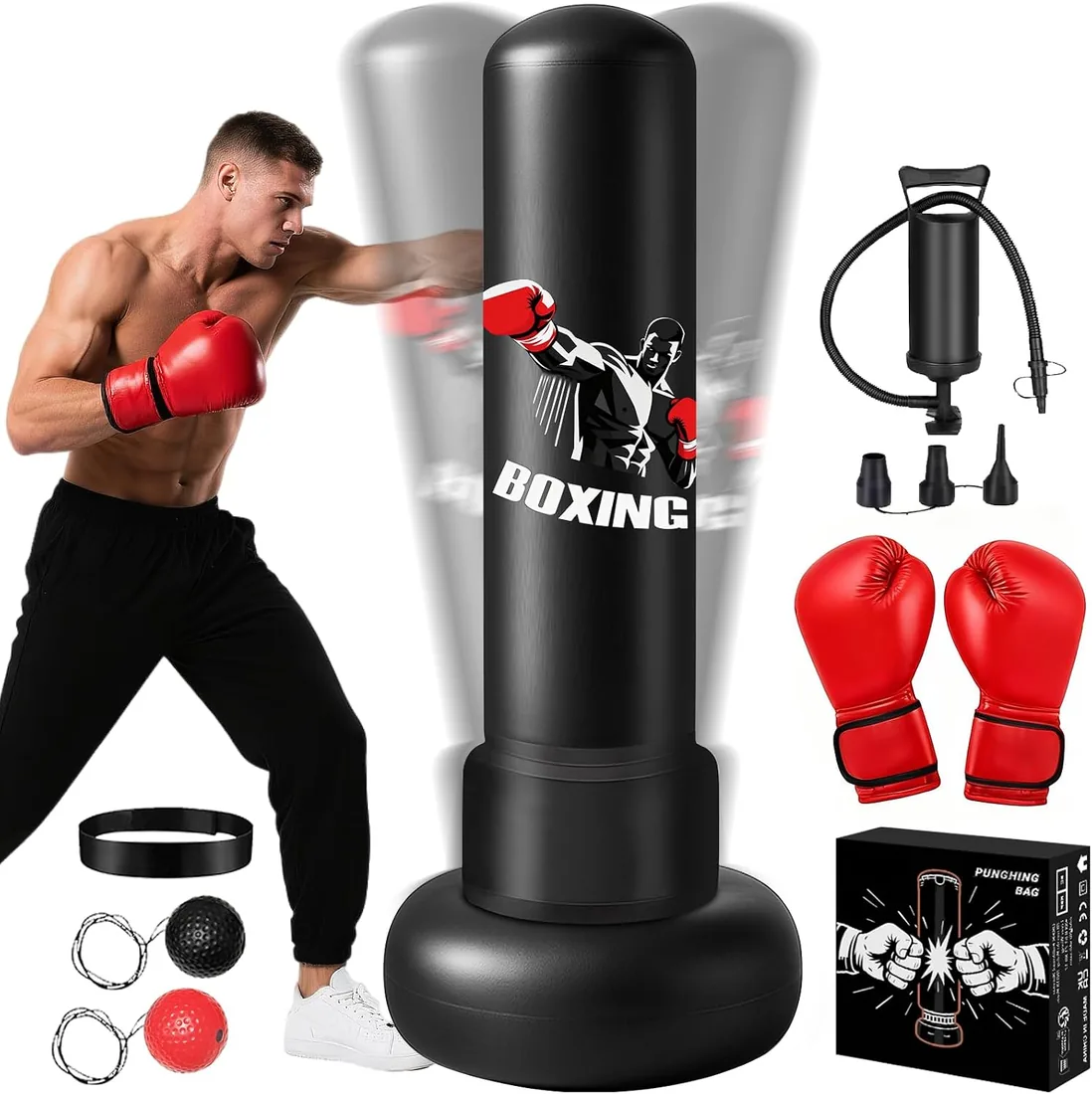 Ninonly Saco de Boxeo para Adultos 190cm Saco de Boxeo Inflable Pesado con Guantes de Boxeo,Bomba y Pelota de Reflejos,Mejorado para Hombres Mujeres,Entrenamiento MMA Muay Thai Fitness Gesto del Puño