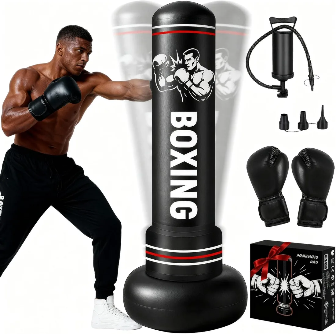 Qoosea Saco de Boxeo Adulto, 190cm Bolsa de Boxeo Inflable de Pie con Guantes, Mujeres Hombres Stand Kickboxing Bolsas, Punching Ball Estable para Karate MMA Taekwondo Thai Fitness foto 2