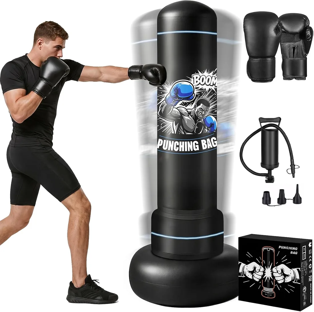 Saco de Boxeo Adulto 180cm, Qoosea Saco Boxeo de Pie Inflable con Guantes, Punching Ball Mujeres Hombres, Kickboxing Bolsa para Entrenamiento Karate MMA Taekwondo Thai Fitness