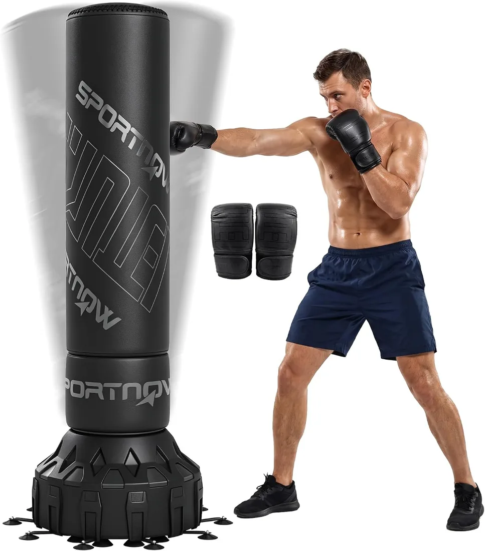 SPORTNOW Saco de Boxeo de Pie para Adultos 180 cm | Punching Ball Pesado con 20 Ventosas, Absorción de Impactos, Guantes, Base Rellenable de Arena 120 kg o Agua 70 kg foto 3