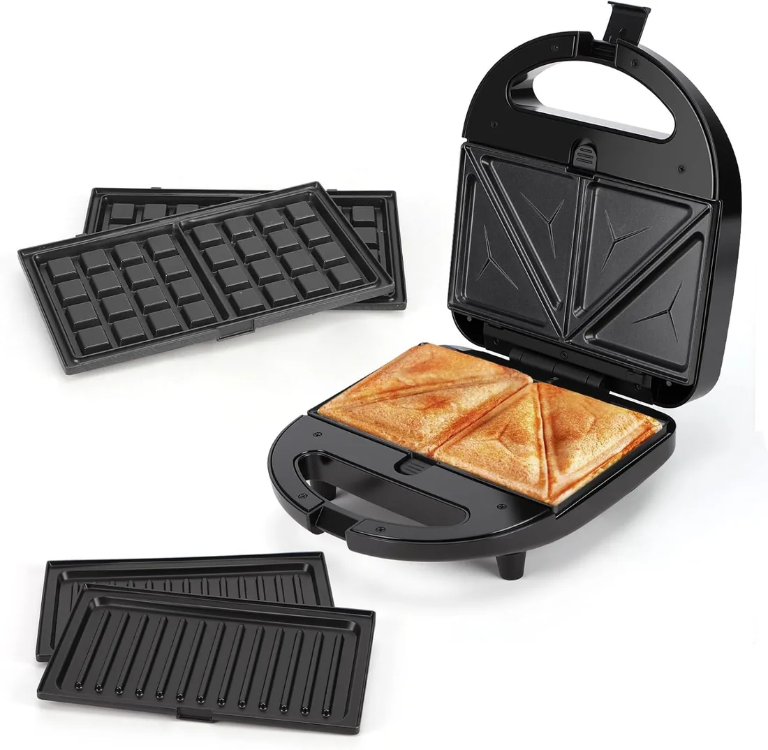 Aigostar Sandwichera 3 en 1: Gofrera, Sandwichera y Parrilla Electrica | 3 Placas Desmontables Antiadherentes e Intercambiables, Indicador LED, Termostato, Asa Tacto Frío, 750W, Libre de BPA