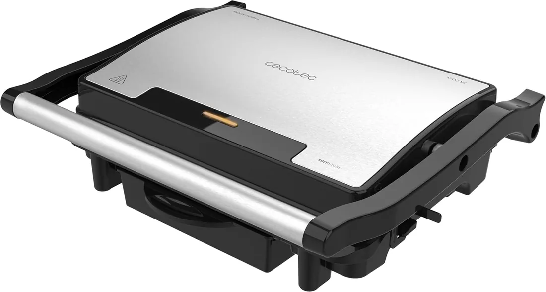 Cecotec Parrilla Eléctrica Plancha y Sandwichera Rock'nGrill Rapid. 1500W, Superficie 24,5 x 17,3cm, Revestimiento RockStone, Placa Superior Adaptable, Bandeja Recogegrasas