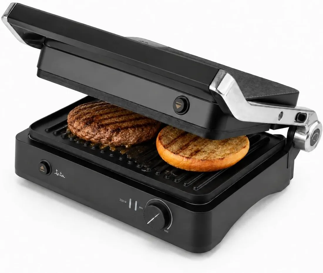JATA JEGR1450 - Parilla Eléctrica. Grill. Sandwichera. Panini. 2000 W. Apertura 180º. Placas EXTRAÍBLES rayadas antiadherentes: 29,6 x 21,8 cm. Bandeja Recogegrasa.