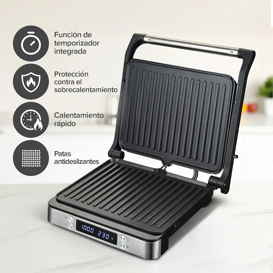 Olvy Sandwichera Eléctrica 2000W, Grill Panini y Parrilla con Placas Antiadherentes, Apertura 180°, Temperatura Automática, Plata foto 2