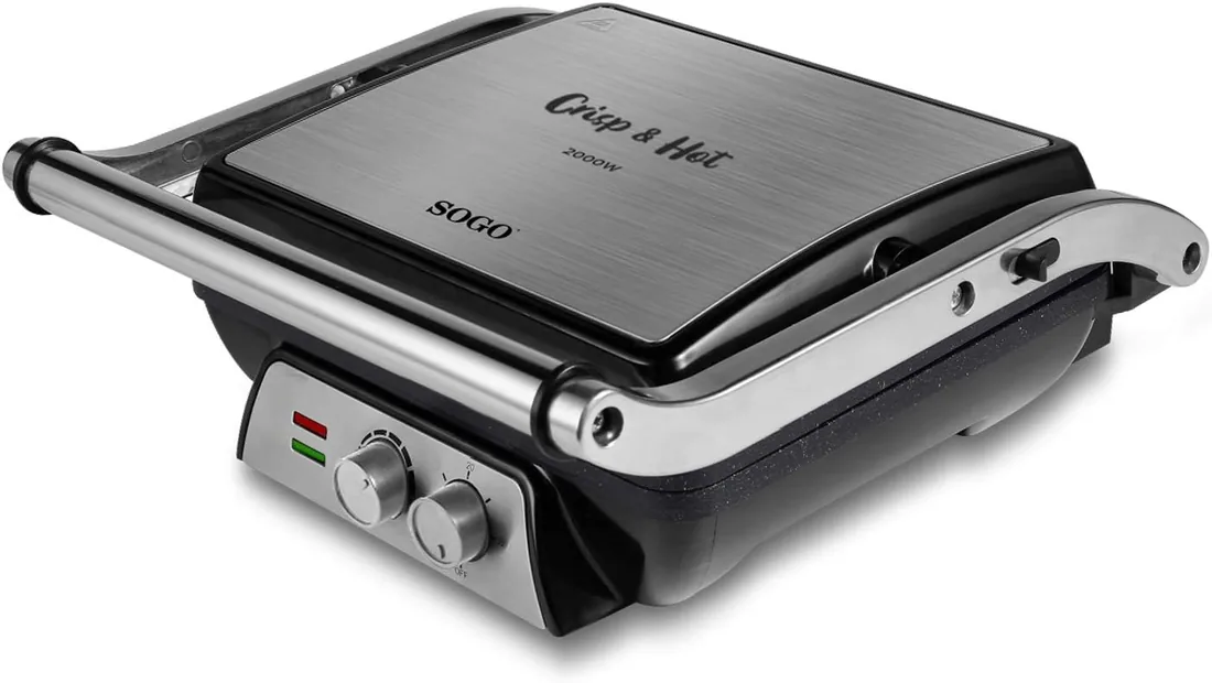 SOGO Sandwichera Eléctrica 3 en 1, Grill y Plancha de 2000W Placas Antiadherentes de Piedra 24x19 cm Apertura 180° Regulador de Temperatura y Temporizador, SS-7137, para Sándwiches, Carnes y Verduras
