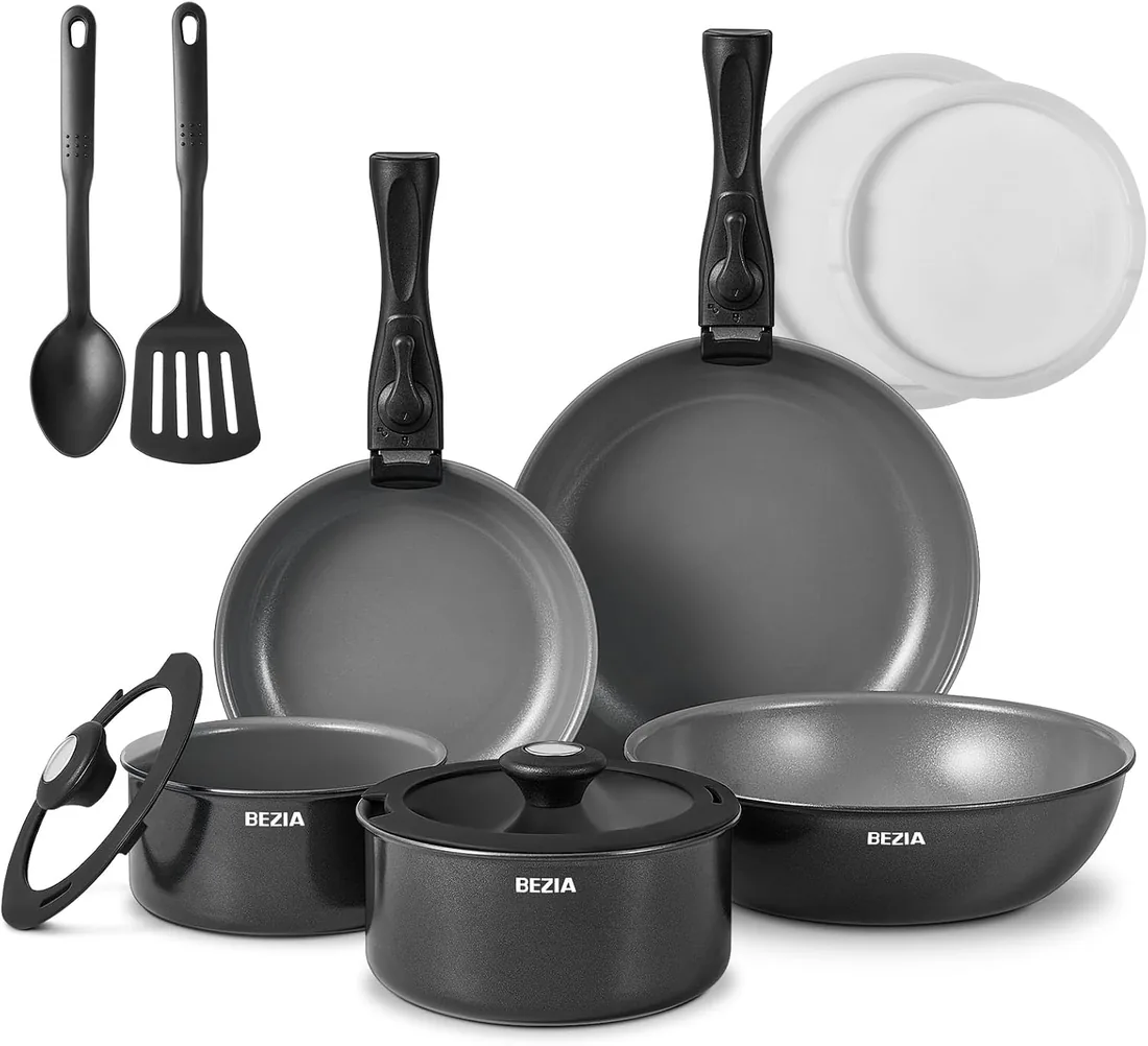BEZIA Juego de Ollas y Sartenes 13 piezas, Batería de Cocina Antiadherente | Sartén de cerámica con mango extraíble, sin PFOA y PTFE, apilable para todo tipo de cocinas, apto Lavavajillas y Horno