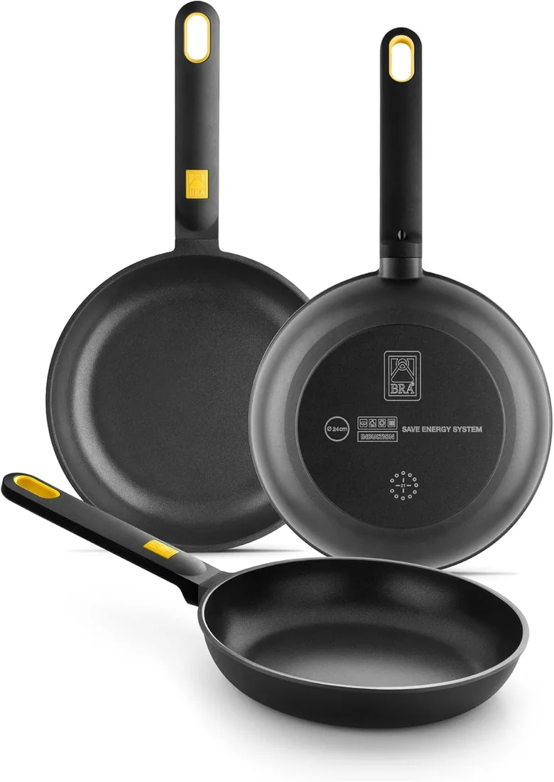 BRA Daily Pro | Set 3 sartenes alum. fundido 20-24 - 28 cm antiadh. | Negro y amarillo, aluminio fundido, Antiadherente tricapa, apta para todo tipo de cocinas, inlcuida inducción foto 2