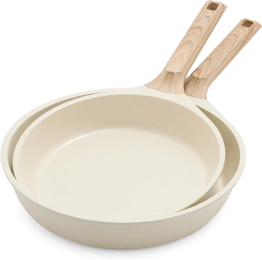GreenChef Arte - Juego de 2 sartenes antiadherentes de cerámica (24 cm y 28 cm, sin PFAS, aptas para inducción, mango de madera), color crema