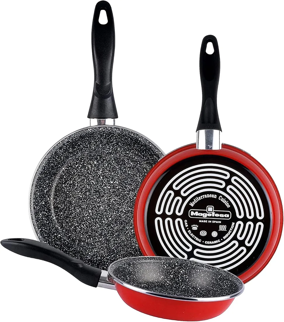 Magefesa K2 Rojo Juego de 3 sartenes (20/24/28)cm de acero vitrificado exterior rojo. Antiadherente bicapa reforzado efecto piedra, aptas para todo tipo de cocinas foto 3