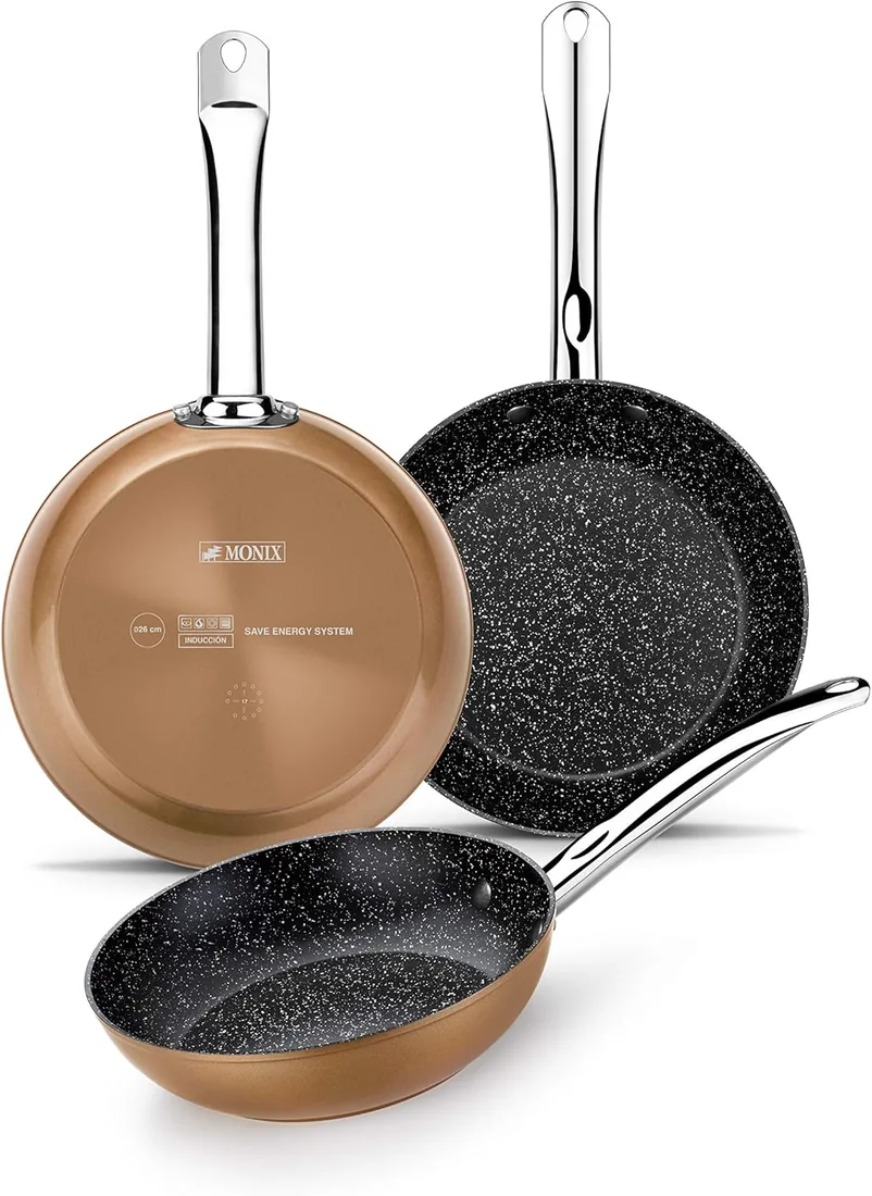 Monix Copper | Set de 3 Sartenes 20-24-28 cm | Efecto Cobre, Aluminio Forjado Antiadherente con Partículas de Titanio, Aptas para Todo Tipo de Cocinas incluso Inducción