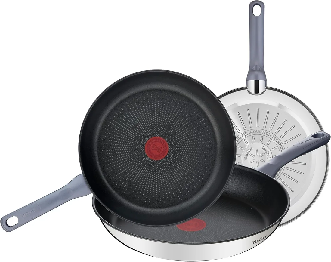 Tefal Daily Cook - Juego de 3 Sartenes 20/24/26 cm, Acero inoxidable | 3 Sartenes de 20/24/26 cm, Mango ergonómico, Revestimiento antiadherente, Apto inducción, Thermo-Signal, Cocción uniforme