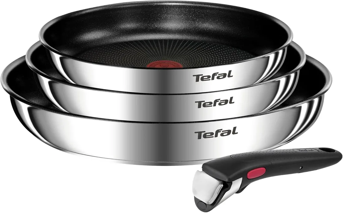Tefal Ingenio Emotion - Juego de 3 Sartenes, Acero inoxidable | 3 Sartenes 22/24/28 cm + Mango extraíble, Apto inducción y horno, Revestimiento antiadherente titanio, Thermo-Signal