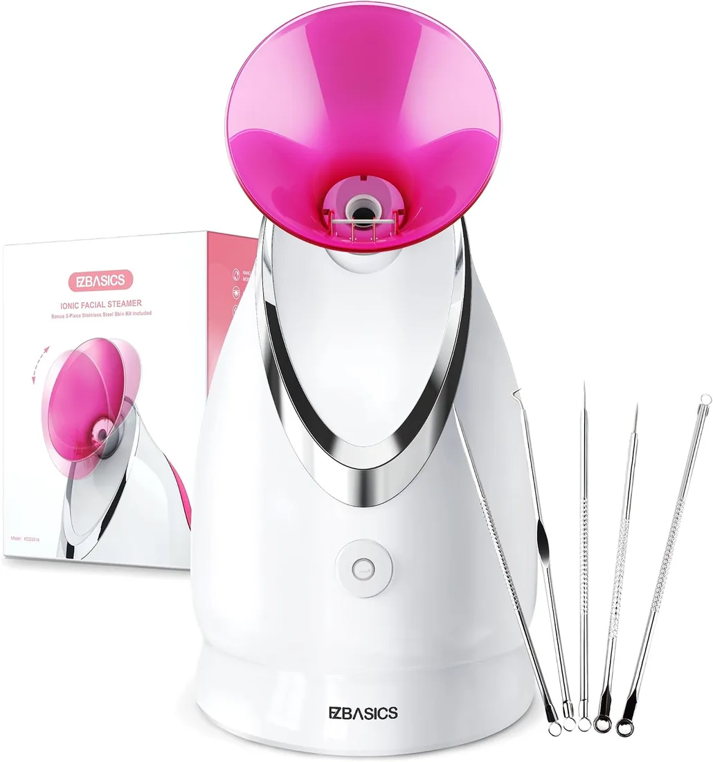 EZBASICS Facial Steamer, Nano Ionic Vapor, 1 Pack + 5 Piezas Kit Piel Rosa | Vapor nanoiónico penetra 10x mejor, hidrata y desobstruye poros, apto piel sensible, apagado automático