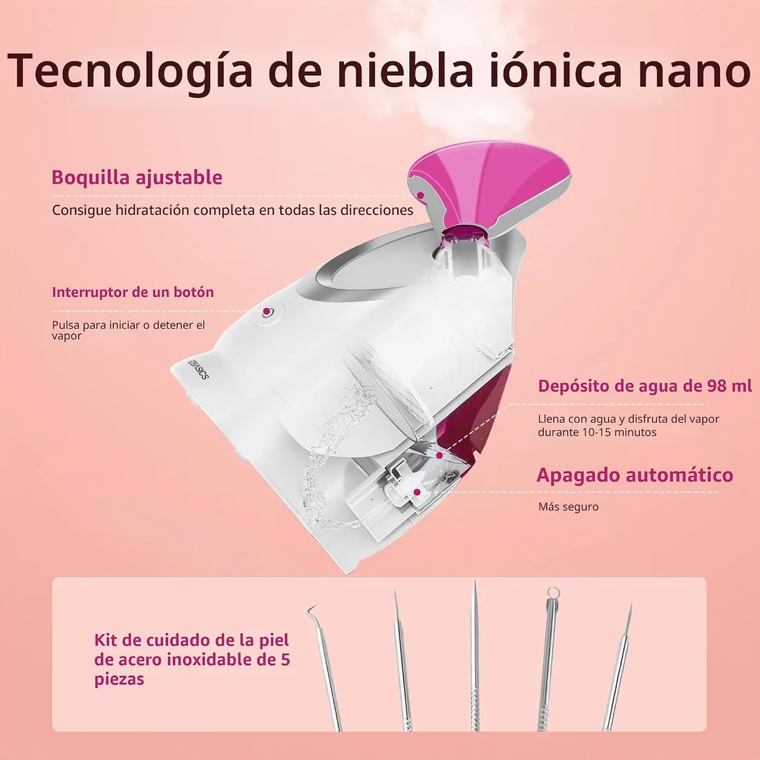 EZBASICS Facial Steamer, Nano Ionic Vapor, 1 Pack + 5 Piezas Kit Piel Rosa | Vapor nanoiónico penetra 10x mejor, hidrata y desobstruye poros, apto piel sensible, apagado automático foto 2