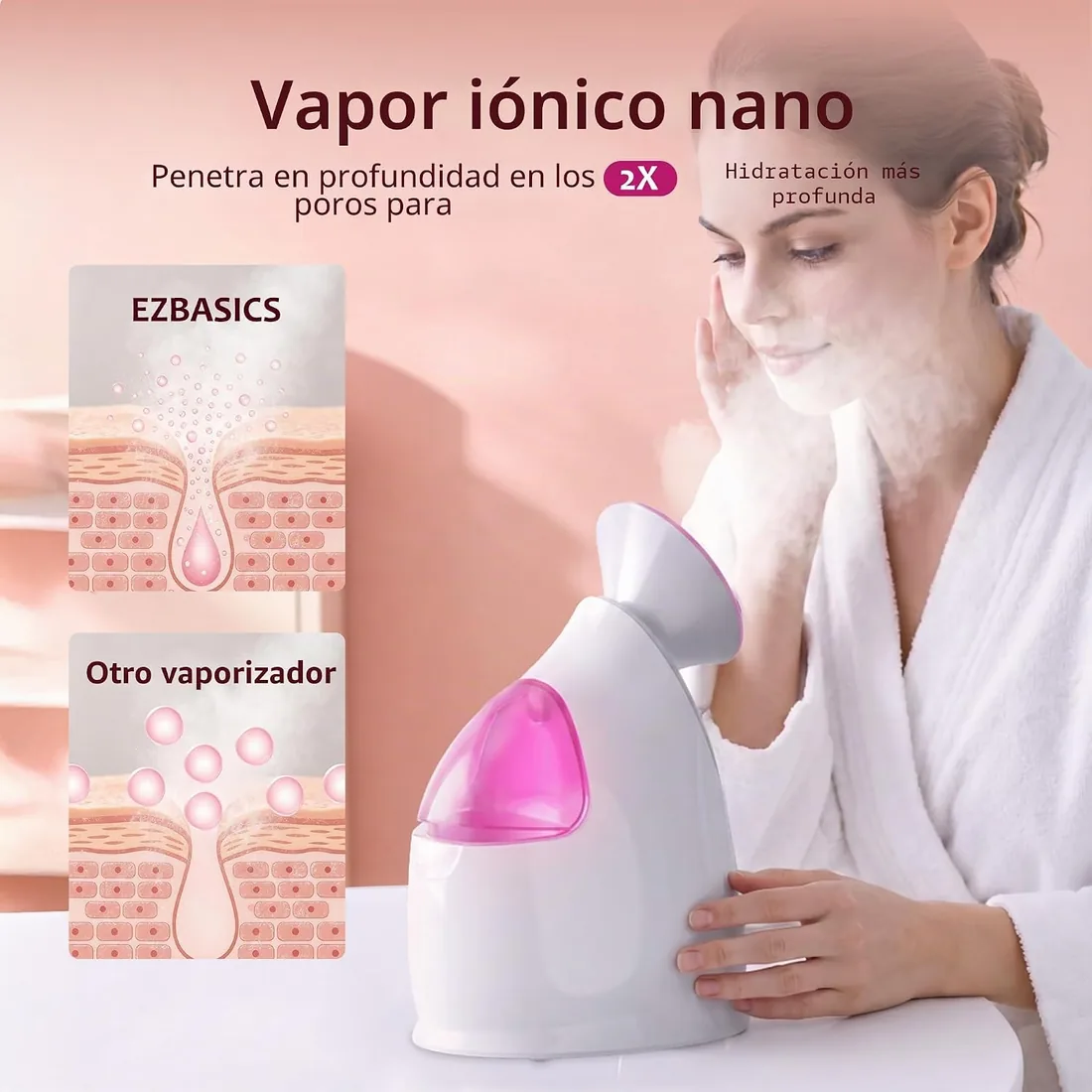 EZBASICS Facial Steamer, Nano Ionic Vapor, 1 Pack + 5 Piezas Kit Piel Rosa | Vapor nanoiónico penetra 10x mejor, hidrata y desobstruye poros, apto piel sensible, apagado automático foto 3