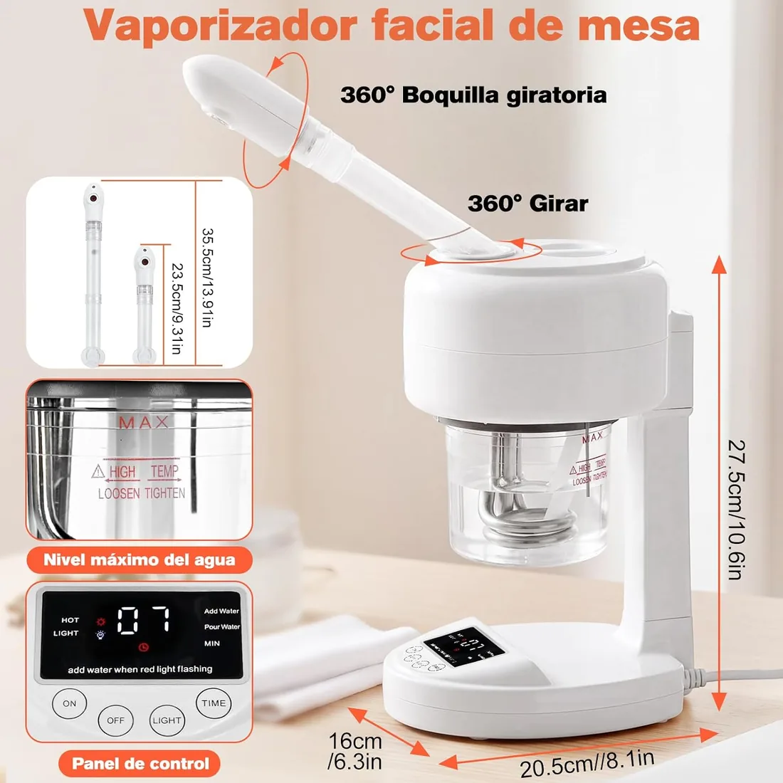 Vaporizador facial portátil, ozono y niebla caliente, humidificador de mesa para spa facial, cuidado de la piel en casa, salón de belleza profesional con boquilla giratoria de 360° foto 2