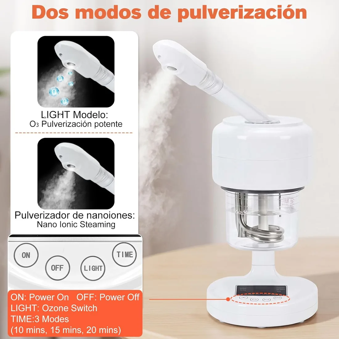 Vaporizador facial portátil, ozono y niebla caliente, humidificador de mesa para spa facial, cuidado de la piel en casa, salón de belleza profesional con boquilla giratoria de 360° foto 3