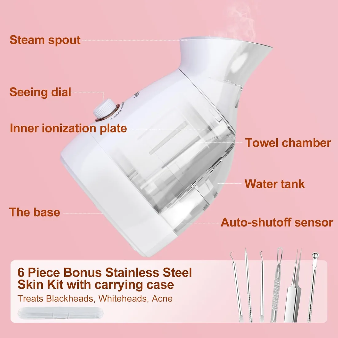 Vaporizador facial,vaporizador nano iónico para spa, función 3 en 1, desmontable, 200 ml, tratamiento de spa, apto para sauna, humidificador, limpieza de poros (Oro rosa) foto 2