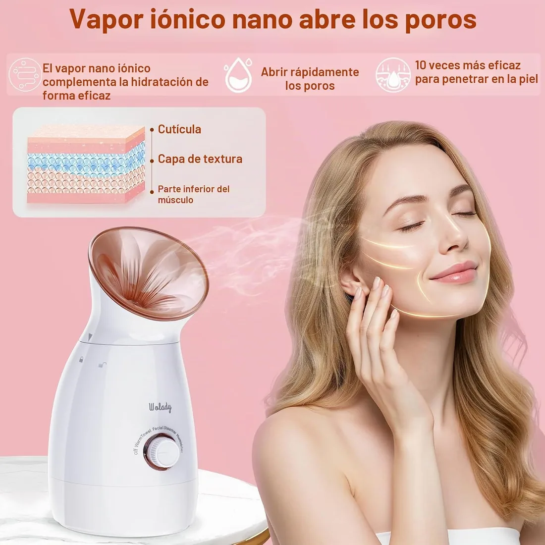 Vaporizador facial,vaporizador nano iónico para spa, función 3 en 1, desmontable, 200 ml, tratamiento de spa, apto para sauna, humidificador, limpieza de poros (Oro rosa) foto 3