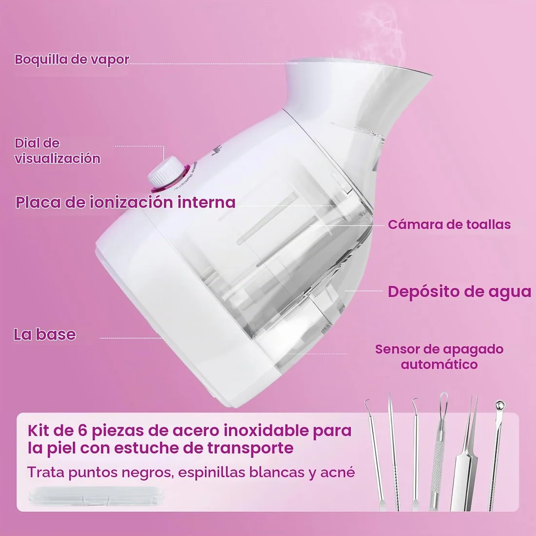 Vaporizador facial,vaporizador nano iónico para spa, función 3 en 1, desmontable, 200 ml, tratamiento de spa, apto para sauna, humidificador, limpieza de poros (Grande) foto 2