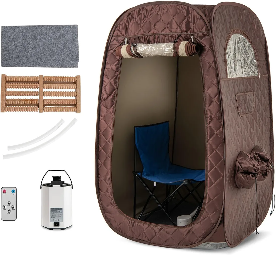 Homasis Sauna Portatil de 3L,Sauna de Vapor con 9 Niveles de Temperatura y 9 Temporizadores, 1000 W Sauna Exterior Finlandesa, para Baños de Sauna, Sudoración, Desintoxicación (Café)