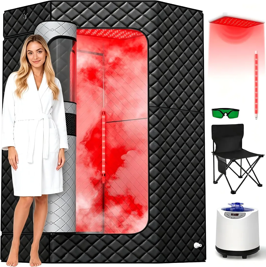 I-THERA-U Sauna de infrarrojos para el hogar - Sauna portátil de vapor de 660 y 850 nm sauna de vapor de cuerpo entero con 3L 1200 W generador de vapor baño de vapor, 15 niveles de calor, silla, mando