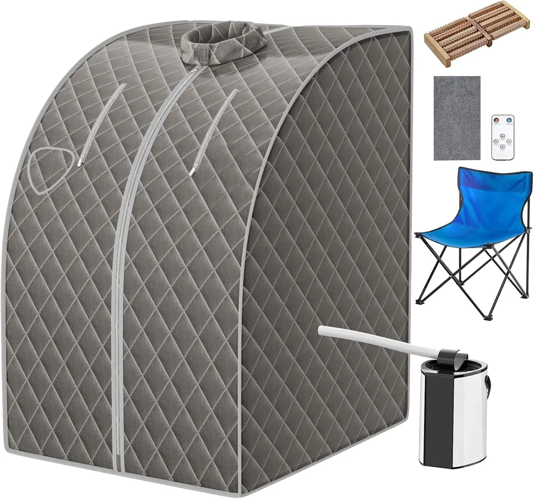 RELAX4LIFE Mini Sauna de Vapor 3L con Temporizador 15-90min y Temperatura Ajustable en 9 Niveles, Sauna Portátil 1000 W con Mando a Distancia y Múltiples Accesorios (Gris)
