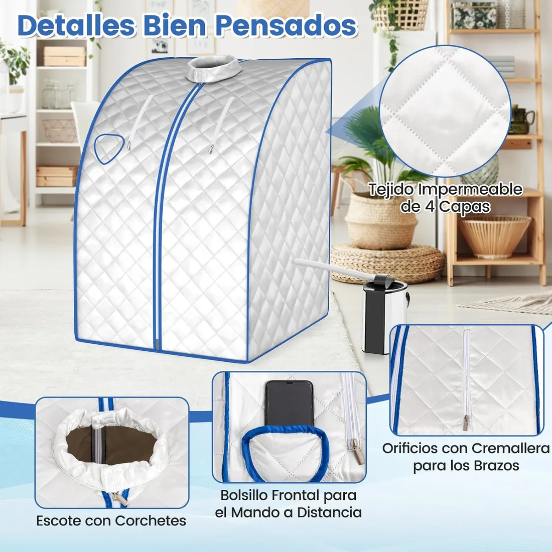 RELAX4LIFE Mini Sauna de Vapor 3L con Temporizador 15-90min y Temperatura Ajustable en 9 Niveles, Sauna Portátil 1000 W con Mando a Distancia y Múltiples Accesorios (Plateado) foto 3
