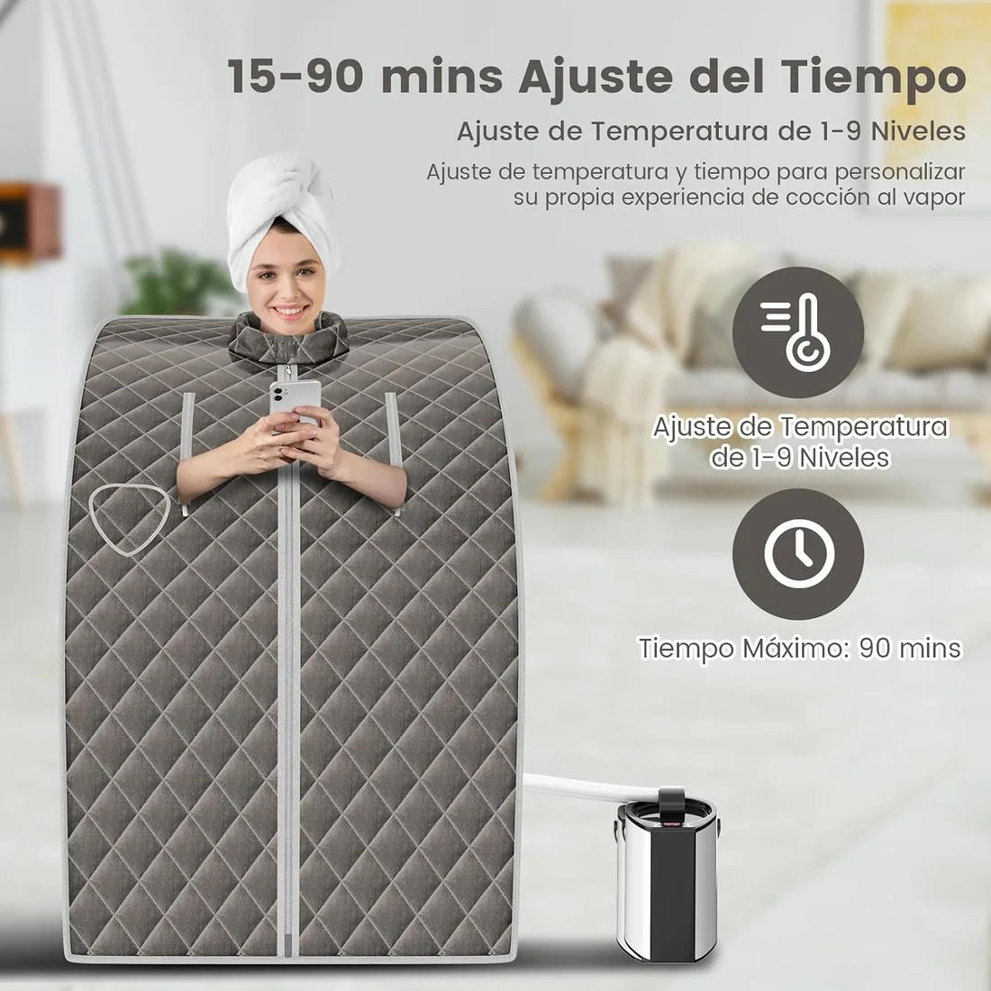 RELAX4LIFE Mini Sauna de Vapor 3L con Temporizador 15-90min y Temperatura Ajustable en 9 Niveles, Sauna Portátil 1000 W con Mando a Distancia y Múltiples Accesorios (Gris) foto 2