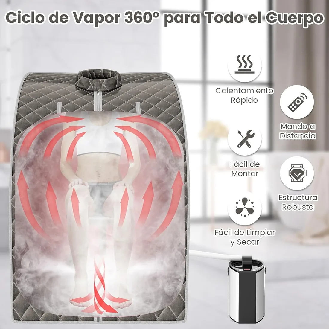 RELAX4LIFE Mini Sauna de Vapor 3L con Temporizador 15-90min y Temperatura Ajustable en 9 Niveles, Sauna Portátil 1000 W con Mando a Distancia y Múltiples Accesorios (Gris) foto 3
