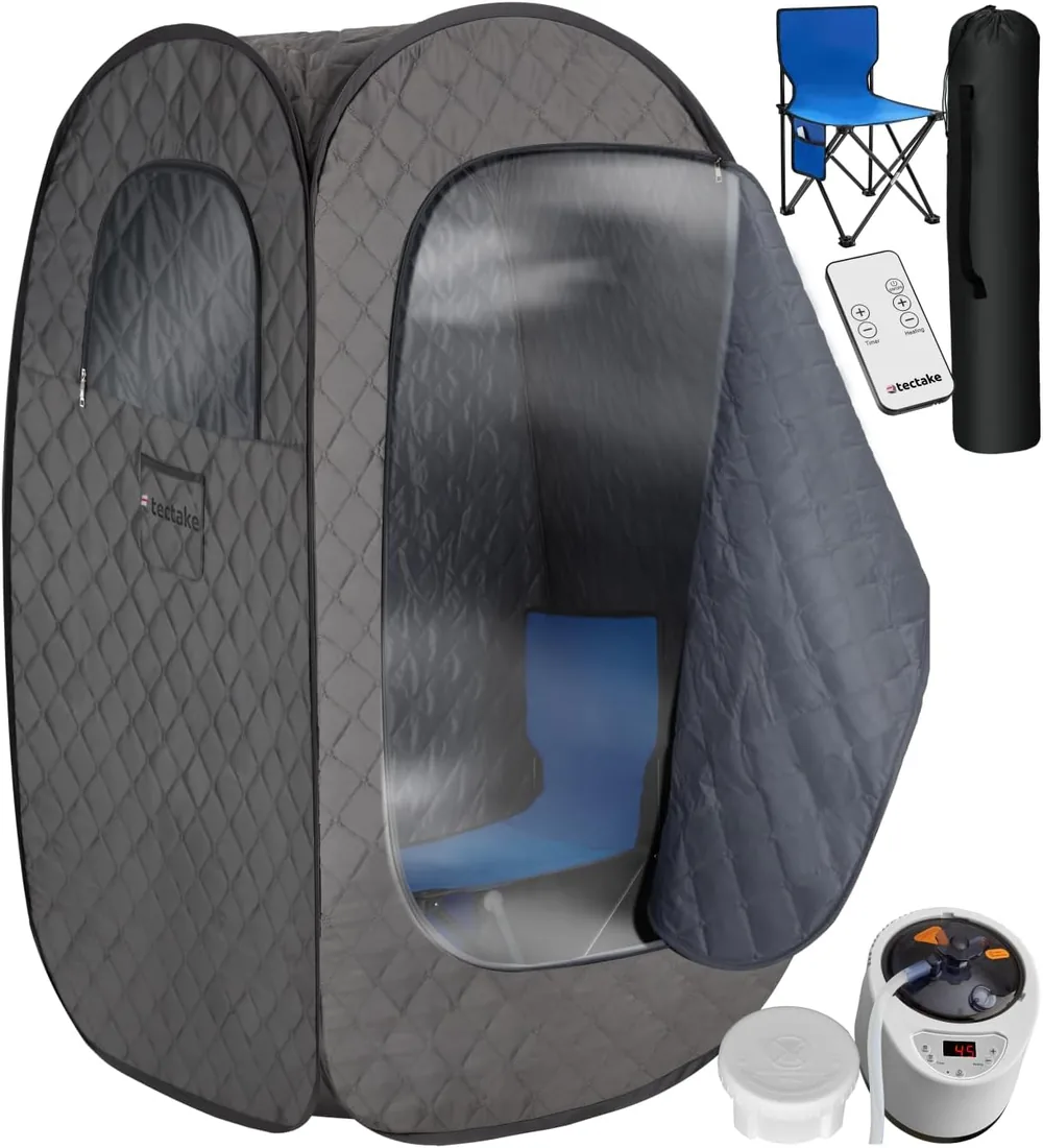 tectake® Sauna Portatil de Vapor 2L con 1000W, 15 Niveles de Temperatura, Temporizador, Sauna Plegable, Mando a Distancia, Silla Plegable, Bolsas de Transporte, Vaporizador - Gris foto 3