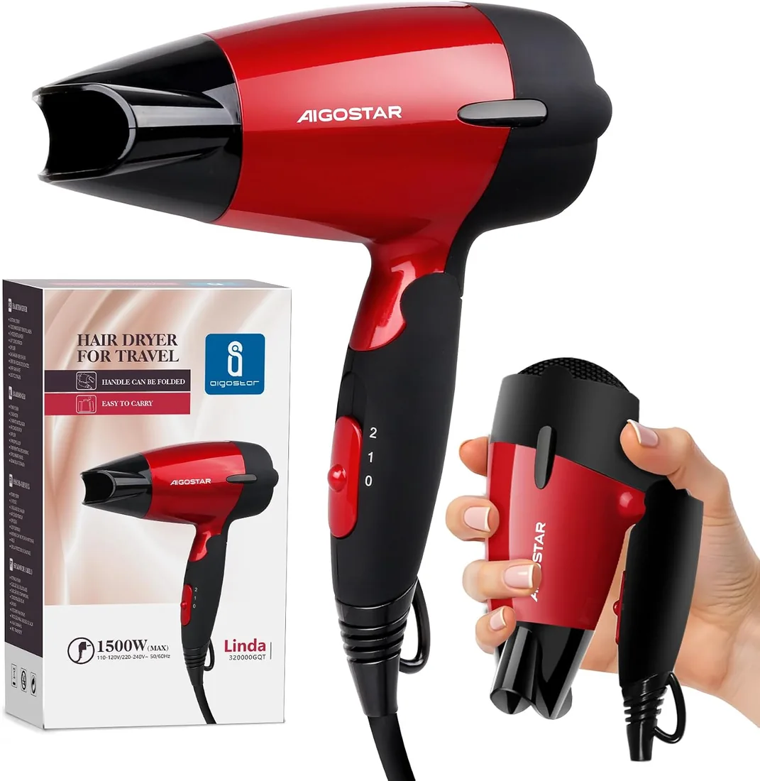Aigostar 1500W Secador de Pelo Plegable de Viaje, Doble Voltaje 110/220V