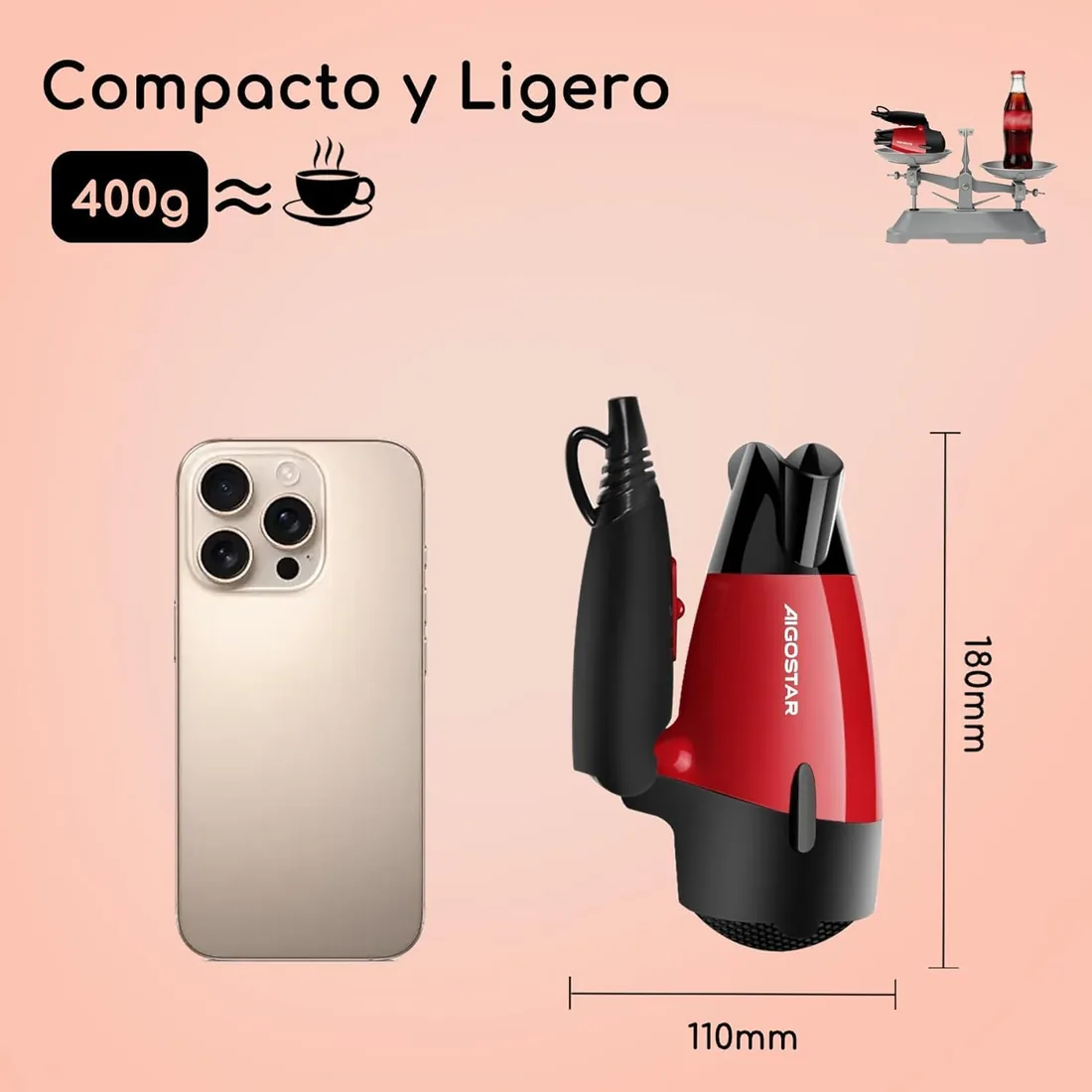 Aigostar 1500W Secador de Pelo Plegable de Viaje, Doble Voltaje 110/220V foto 3