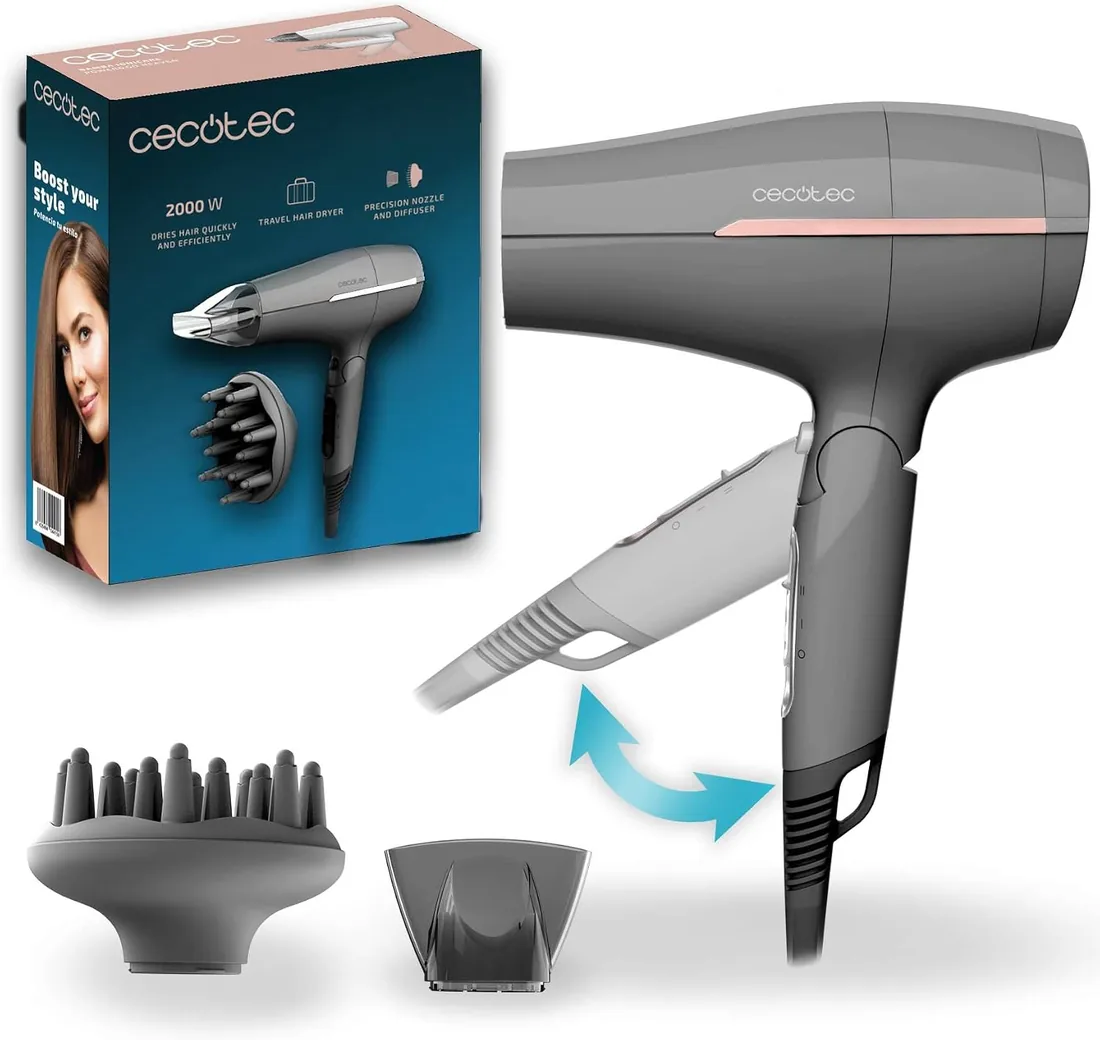 Cecotec Secador de Pelo de Viaje IoniCare Power&Go Heaven Grey. 2000W, 2 Temperaturas, 2 Velocidades, Función de Aire Frío, Boquilla Concentradora y Difusor, Anilla para Colgar foto 3