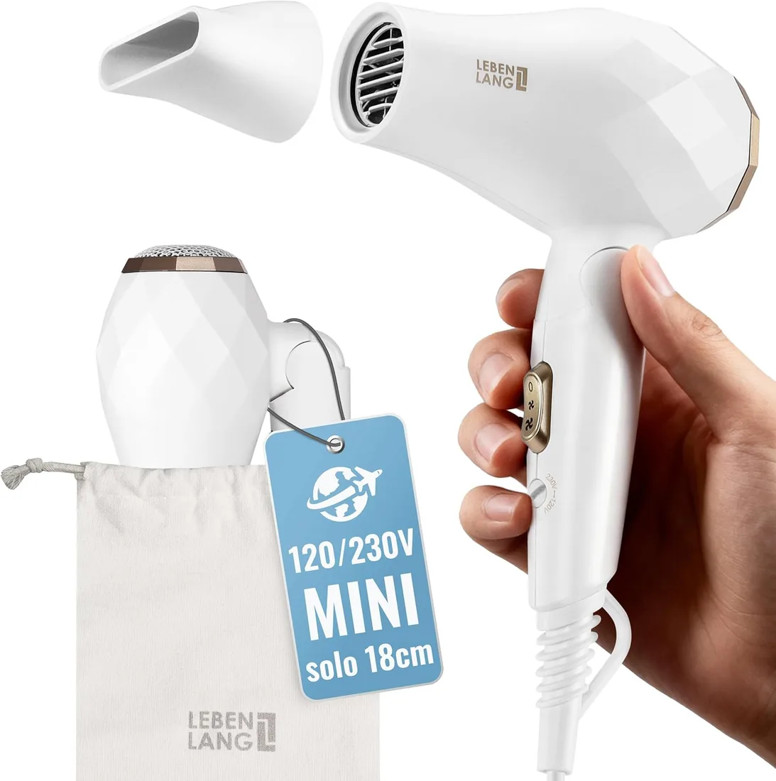 LEBENLANG Secador pelo de viaje - Plegable & pequeño I Doble voltaje