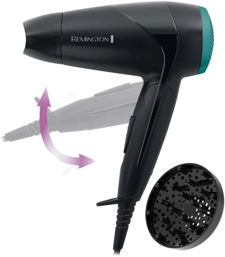 Remington Secador de Pelo Pequeño Compacto, Secador de Viaje, 2000W, Plegable, Ideal Gimnasio, Concentrador, Difusor Compacto, Caudal 60km/h, 3 Temperaturas, 2 Velocidades, Gancho Para Colgar - D1500