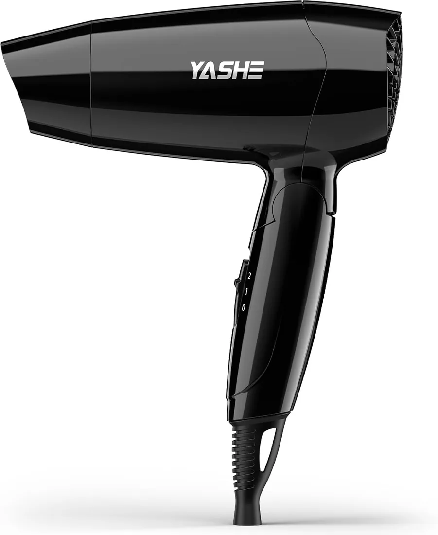 YASHE Secador de Pelo Plegable, 1200W Compacto con 2 Niveles de Calor y Velocidad, Boquilla de Precisión, Cable de 1,8 m, Gancho para Colgar, Ligero para Viaje, Hogar, Hotel o Residencia, Negro