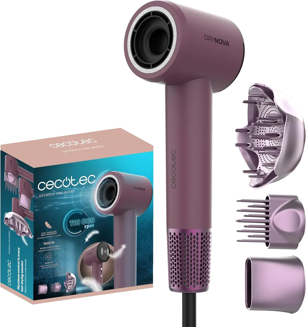 Cecotec Secador de Pelo Compacto y Ligero DryNova 3in1 Berry. 1600W, 110000RPM, Motor Brushless, Voluminizador, Difusor y Concentrador, Generador Iones, Silencioso y Duradero, 4 Ajustes Temperatura