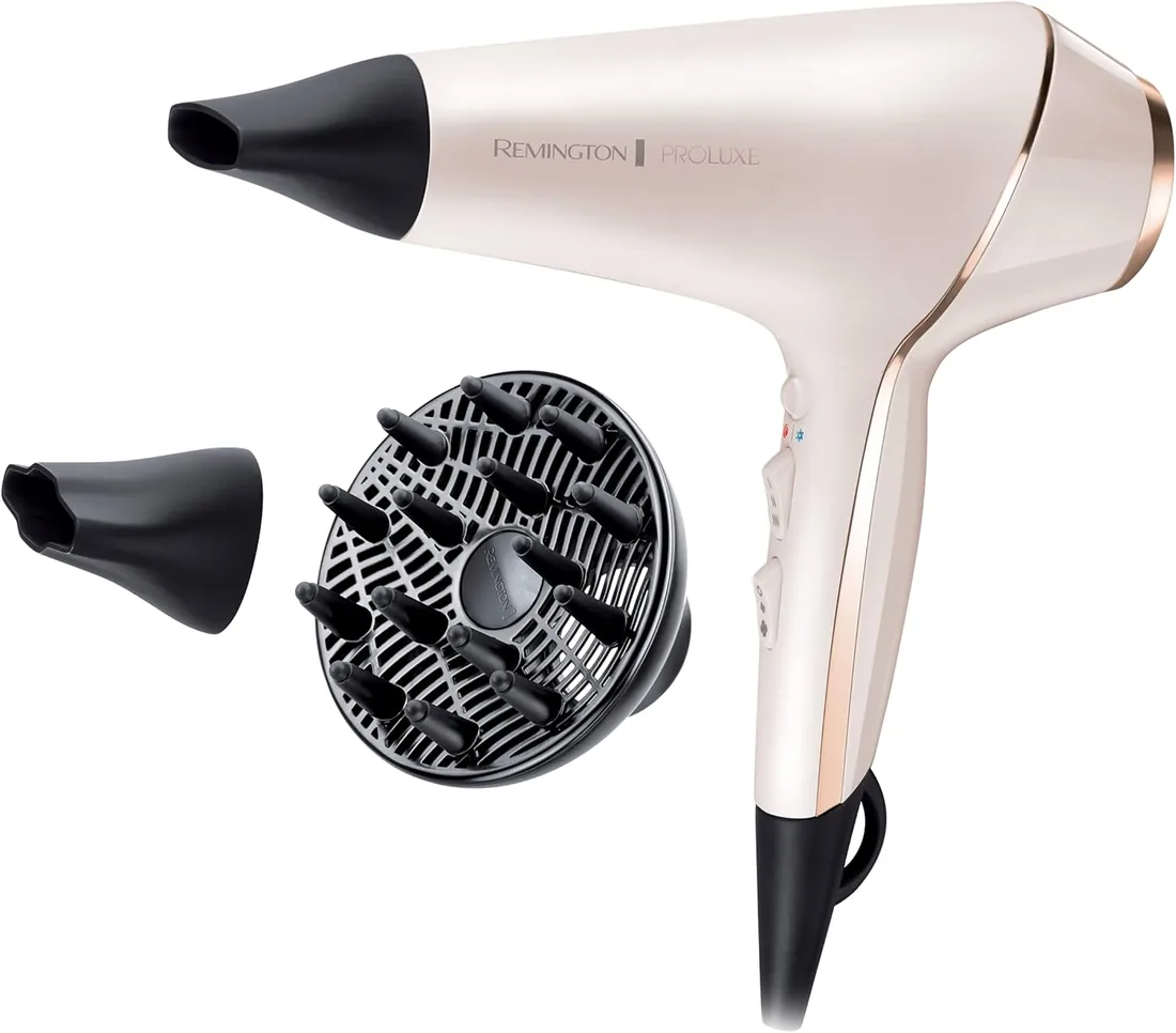 Remington Secador de Pelo Profesional PROluxe - Tecnología OPTIHeat, Iónico, Peinados Duraderos y Sin Encrespamiento, 2400 W, Motor AC, Difusor y Concentrador, 3 Temperaturas, 2 Velocidades - AC9140
