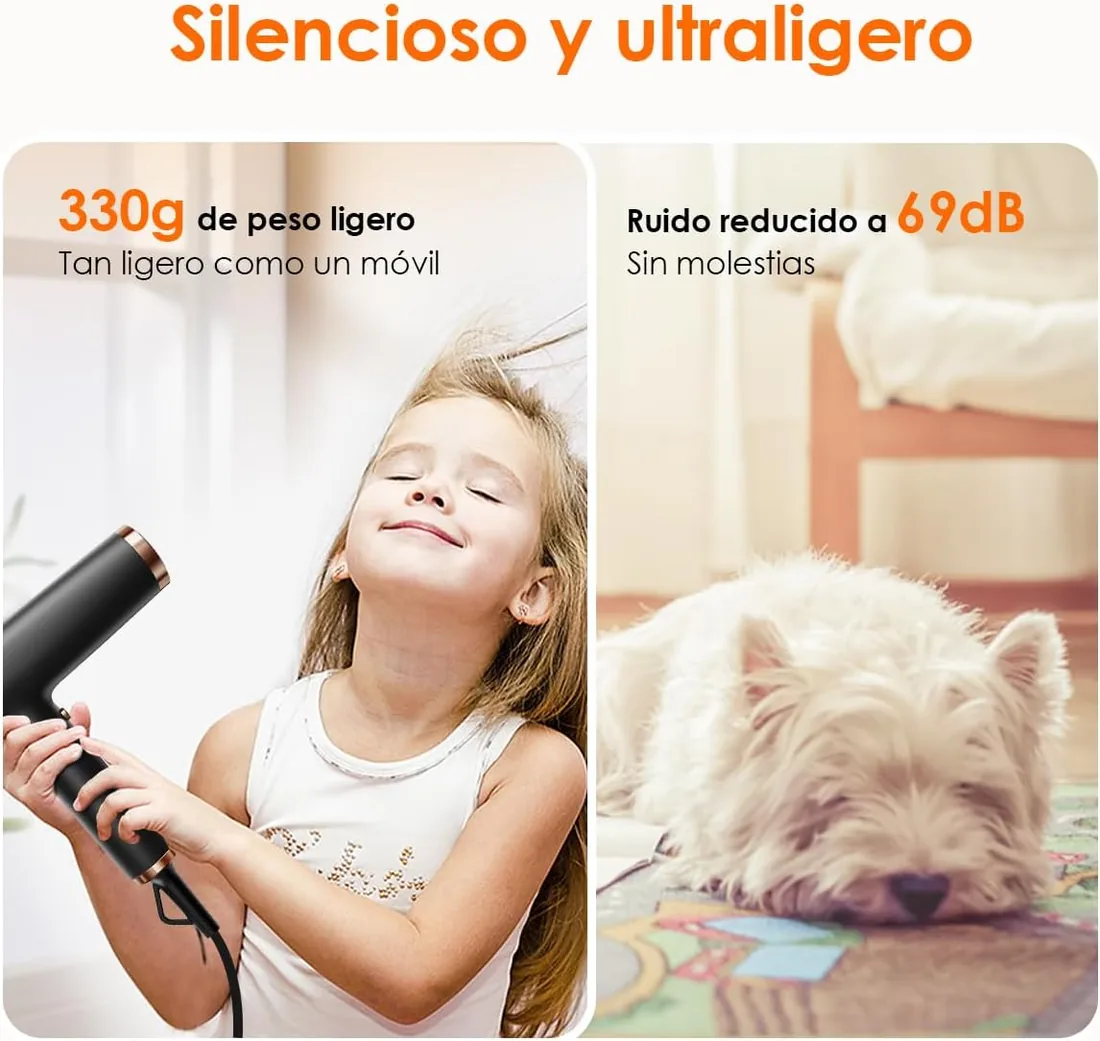 Secador pelo profesional 110000RPM 200 Millones de Iones | Ligero. Secado rápido y bajo ruido. 3 boquillas magnéticas. Ideal para hogar y salón. Para hombres y mujeres. foto 3