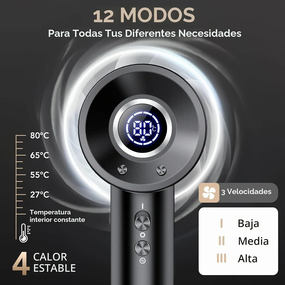 Secador Pelo Profesional Iónico con Difusor y Boquilla, Pantalla Digital | Secador de Pelo Portátil 180.000 RPM, 500M iones, Secado Rápido, 4 Temperaturas y 3 Velocidades, Control Inteligente de Calor foto 3