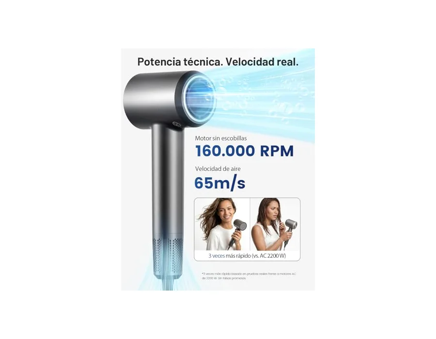 Secador de Pelo Iónico de Alta Velocidad, Ligero, Motor Sin Escobillas 160.000 RPM, Secado Rápido, Anti Encrespamiento, Bajo Ruido, con Difusor y Boquilla, Enchufe UE (Gris Plata) foto 3
