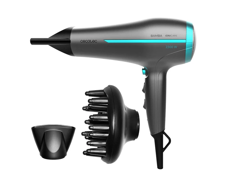 Cecotec Secador de Pelo Iónico Bamba IoniCare 5200 Aura Black. 2300W, Concentrador y Difusor, Cabello Sin Encrespamiento, Motor DC, Ion Real, Gran Caudal de Aire, 2 Velocidades y 3