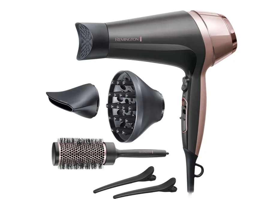 Remington Secador de Pelo Curl & Straight Confidence, 2 en 1 Alisa y Riza, Iónico, 2200 W, 2 Concentradores, 1 Difusor y Cepillo de Barril, 3 Temperaturas, 2 Velocidades, Color Neg