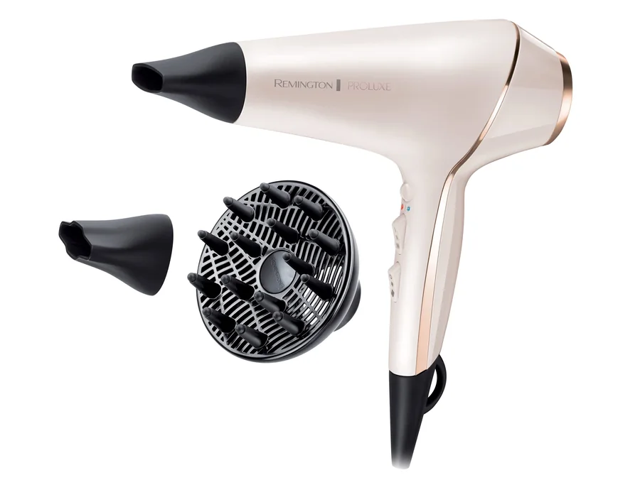 Remington Secador de Pelo Profesional PROluxe - Tecnología OPTIHeat, Iónico, Peinados Duraderos y Sin Encrespamiento, 2400 W, Motor AC, Difusor y Concentrador, 3 Temperaturas, 2 Ve